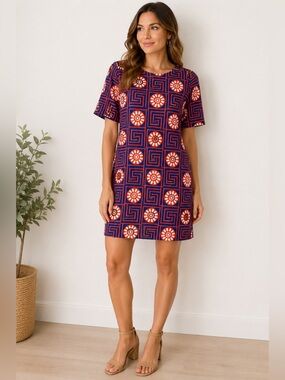 Tracy Negoshian Geometric Print Shift Dress Red Navy White Size M